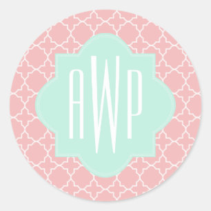 Blue + Coral Quatrefoil Monogram Classic Round Sticker