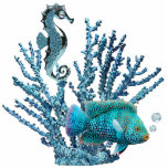 Blue Coral Reef Pin Photo Sculpture Badge<br><div class="desc">Acrylic photo sculpture pin of blue coral sheltering a gleaming blue seahorse and a beautiful blue fish with light blue topaz air bubbles. See matching acrylic photo sculpture keychain, magnet, ornament and sculpture. See the entire Under the Sea Buttons & Pins collection in the SPECIAL TOUCHES | Party Favours section....</div>