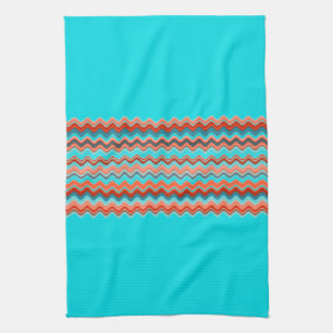 BLUE Coral Salmon Orange Turquoise Zigzag Pattern Tea Towel