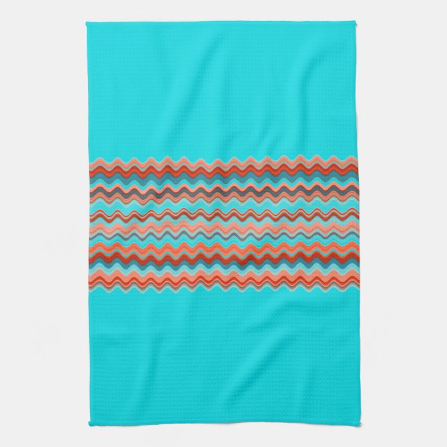 BLUE Coral Salmon Orange Turquoise Zigzag Pattern Tea Towel (Vertical)