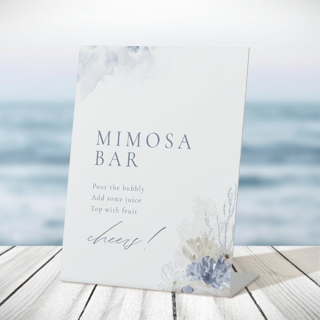 Blue Coral & Seashells Beach Bridal Shower Mimosa  Pedestal Sign (Blue Coral & Seashells Beach Bridal Shower Mimosa Pedestal Sign)