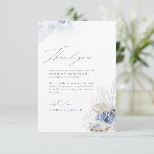 Blue coral & seashells beach themed Thank You (Standing Front)