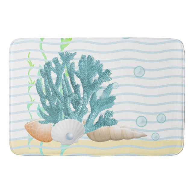 Blue Coral, Seashells & Blue Pearl Bath Mat (Front)