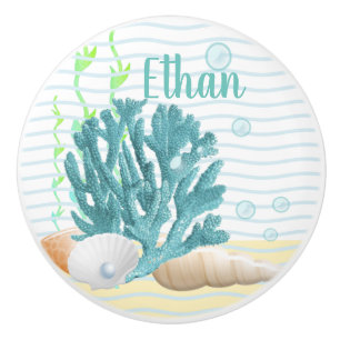 Blue Coral, Seashells & Blue Pearl Ceramic Knob