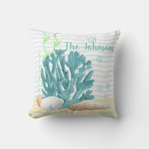 Blue Coral, Seashells & Blue Pearl Cushion