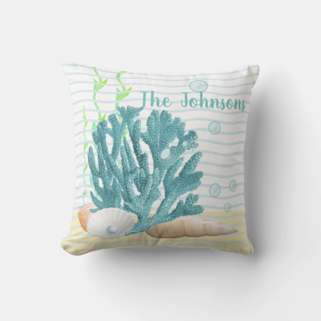 Blue Coral, Seashells & Blue Pearl Cushion (Front)