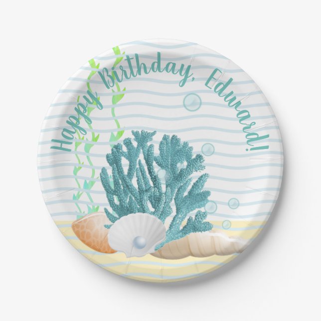 Blue Coral, Seashells & Blue Pearl Paper Plate (Front)