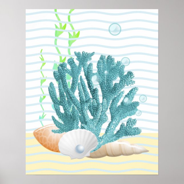 Blue Coral, Seashells & Blue Pearl Poster (Front)
