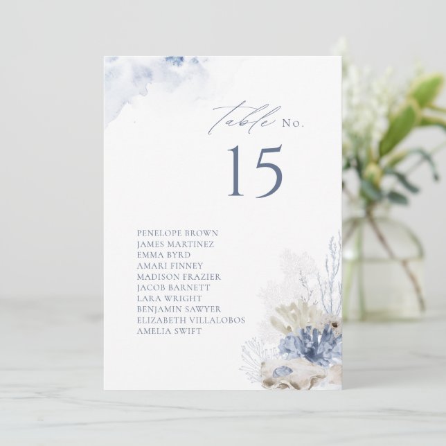 Blue coral & shells table number seating chart (Standing Front)