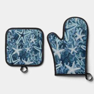 Blue Coral Starfish Beachy Pattern Oven Mitt & Pot Holder Set
