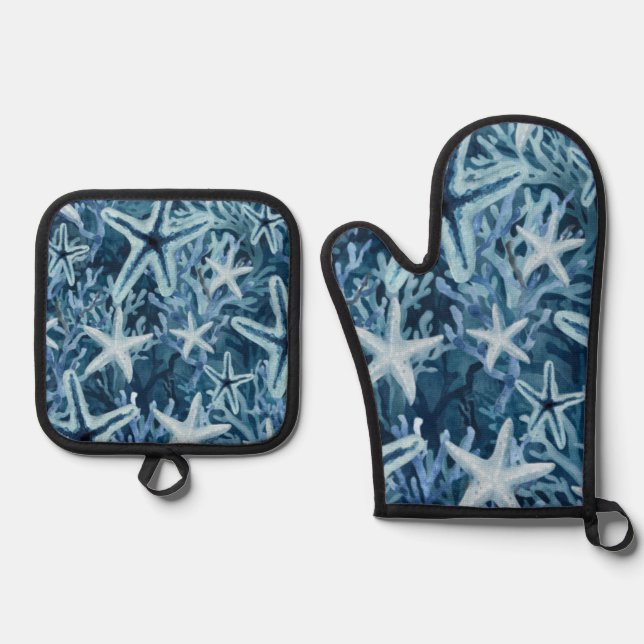 Blue Coral Starfish Beachy Pattern Oven Mitt & Pot Holder Set (Front)