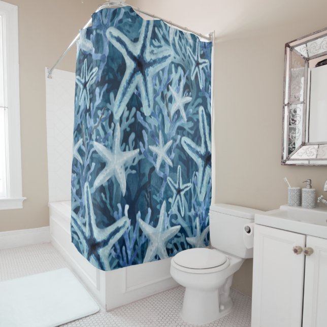 Blue Coral Starfish Beachy Pattern Shower Curtain (In Situ)