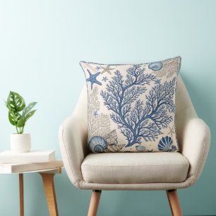 Blue Coral Throw Pillow – Coastal Ocean Pattern