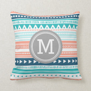 Blue Coral Tribal Monogram Decorative Pillow