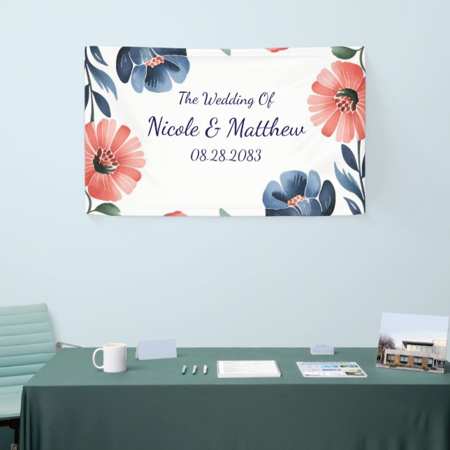 Blue & Coral Watercolor Bouquet Wedding Banner (Tradeshow)