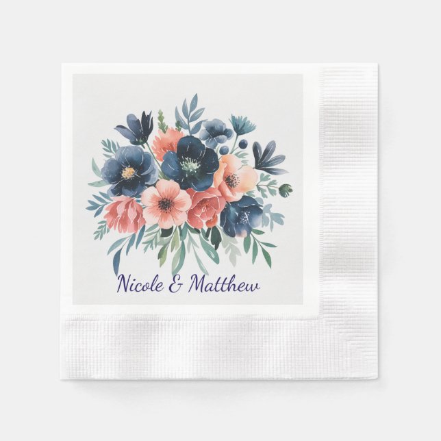 Blue & Coral Watercolor Bouquet Wedding Napkin (Front)