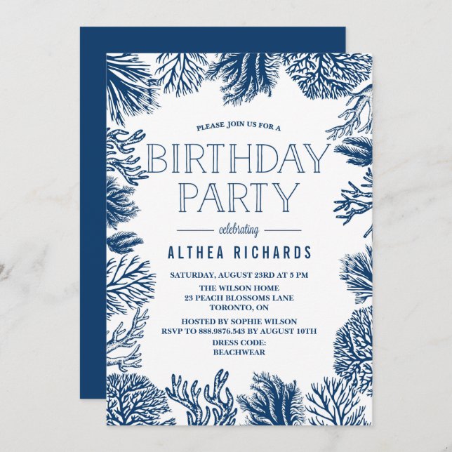 Blue Corals Frame Summer Birthday Party Invitation (Front/Back)