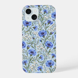 Blue Cornflower and Baby's Breath Floral iPhone 15 Case