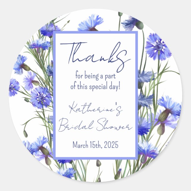 Blue Cornflower Bridal Shower Thank You Favour Classic Round Sticker (Front)