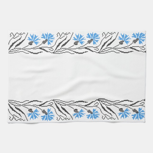 Blue Cornflower cross-stitch design Tea Towel (Horizontal)