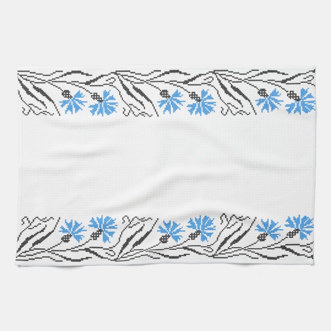 Blue Cornflower cross-stitch design Tea Towel (Horizontal)