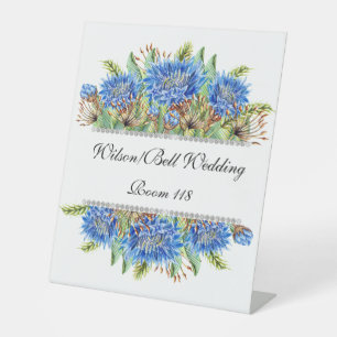 Blue Cornflower Diamond Bling Wedding Pedestal Sign