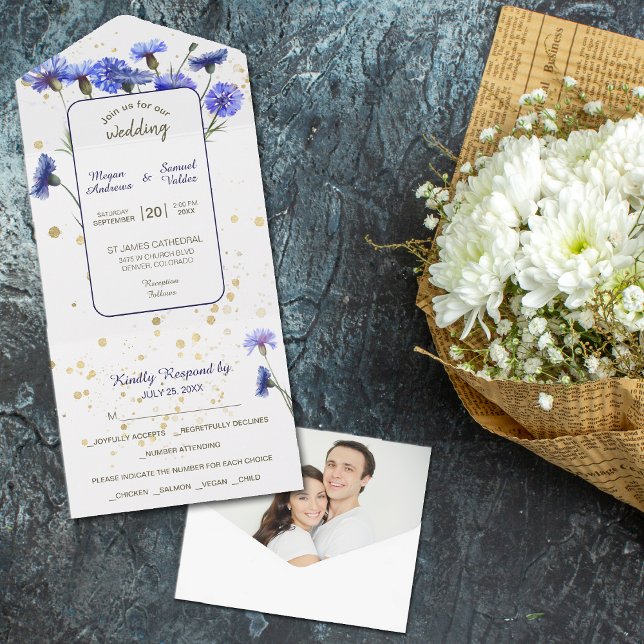 Blue Cornflower Photo Wedding All In One Invitation (Creator Uploaded)