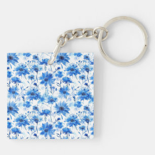 Blue Cornflower Type Floral Two-sided Acrylic Key Ring