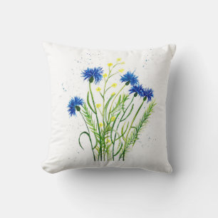 Blue cornflowers floral watercolor pretty Flowers Cushion