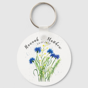 Blue cornflowers floral watercolor pretty Wedding  Key Ring