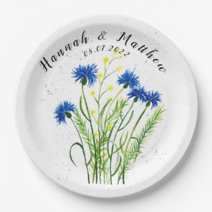 Blue cornflowers floral watercolor pretty Wedding Paper Plate