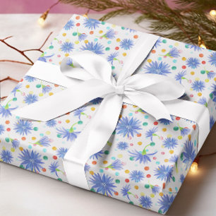 Blue Cornflowers Multicolored Dots Easter Wrapping Paper