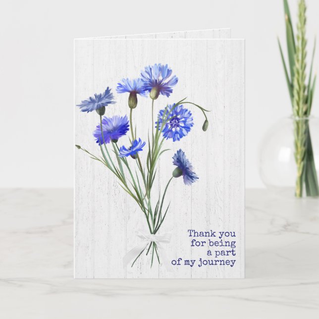 Blue Cornflowers On White Wood Thank You  Card (Front)