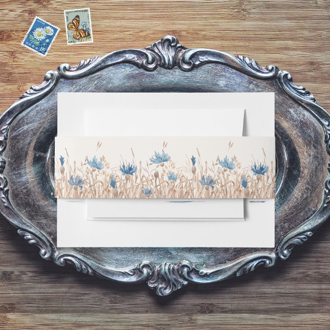 Blue Cornflowers & Wheat Cream Modern Wedding Invitation Belly Band (Creator Uploaded)