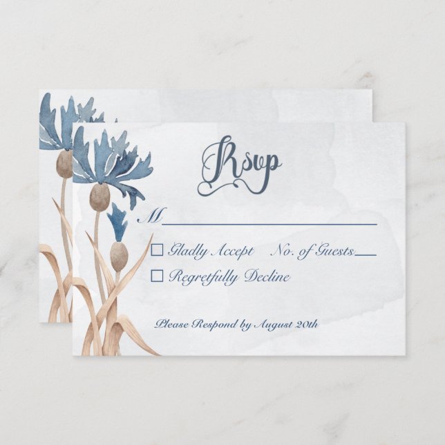 Blue Cornflowers & Wheat Field Blue Wedding RSVP Card (Front/Back)