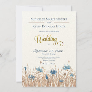Blue Cornflowers & Wheat Field Cream Wedding Invitation