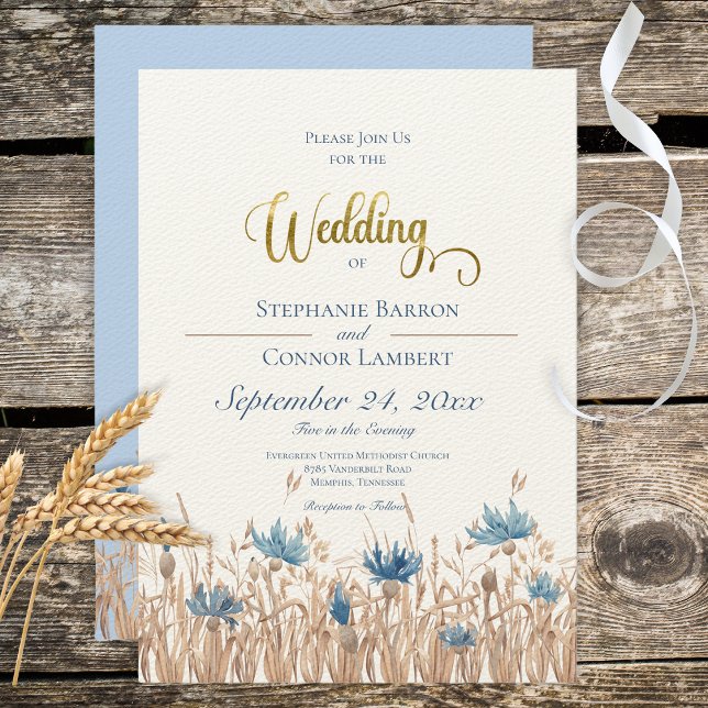 Blue Cornflowers & Wheat Field Wedding Invitation (Creator Uploaded)