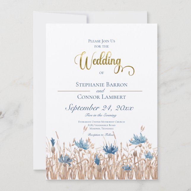 Blue Cornflowers & Wheat Field Wedding Invitation (Front)