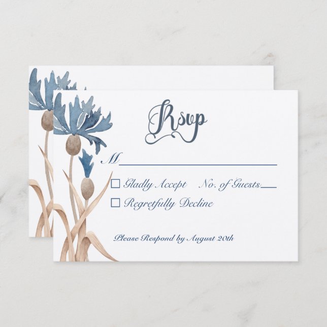 Blue Cornflowers & Wheat Field Wedding RSVP Card (Front/Back)