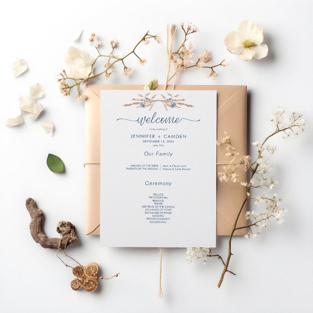Blue Cornflowers & Wheat Modern White Wedding Program (Creator Uploaded)