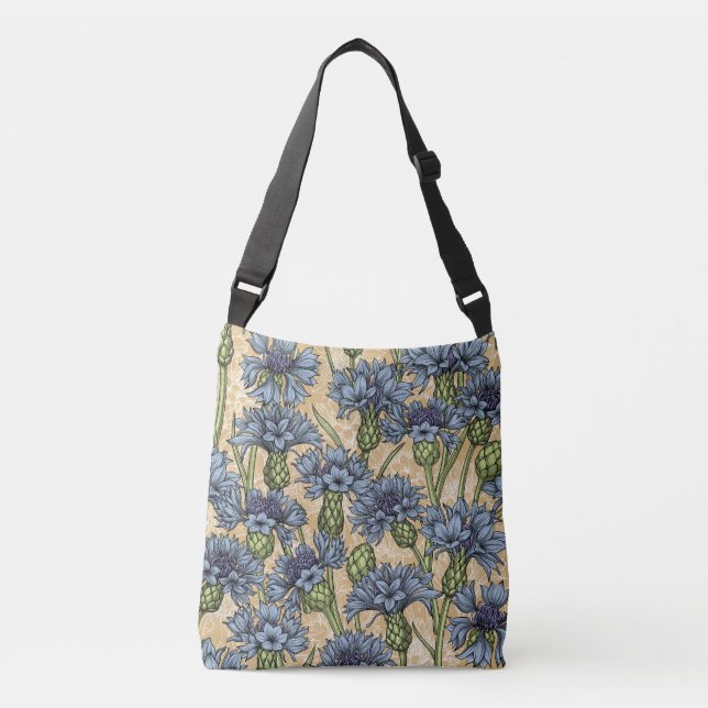 Blue cornflowers, wild flowers on honney yellow crossbody bag (Front)