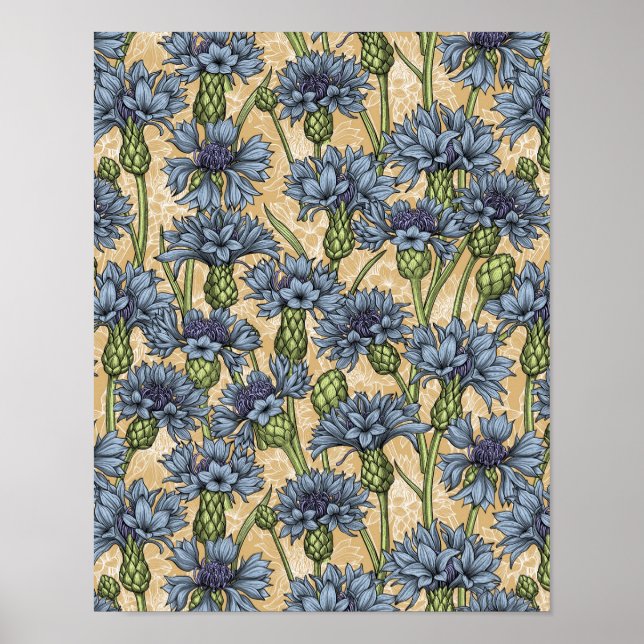 Blue cornflowers, wild flowers on honney yellow poster (Front)