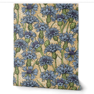 Blue cornflowers, wild flowers on honney yellow wallpaper