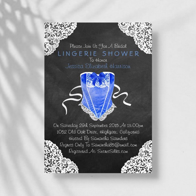Blue Corset White Lace Chalkboard Lingerie Shower Invitation (Creator Uploaded)