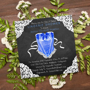 Blue Corset White Lace Chalkboard Lingerie Shower Invitation