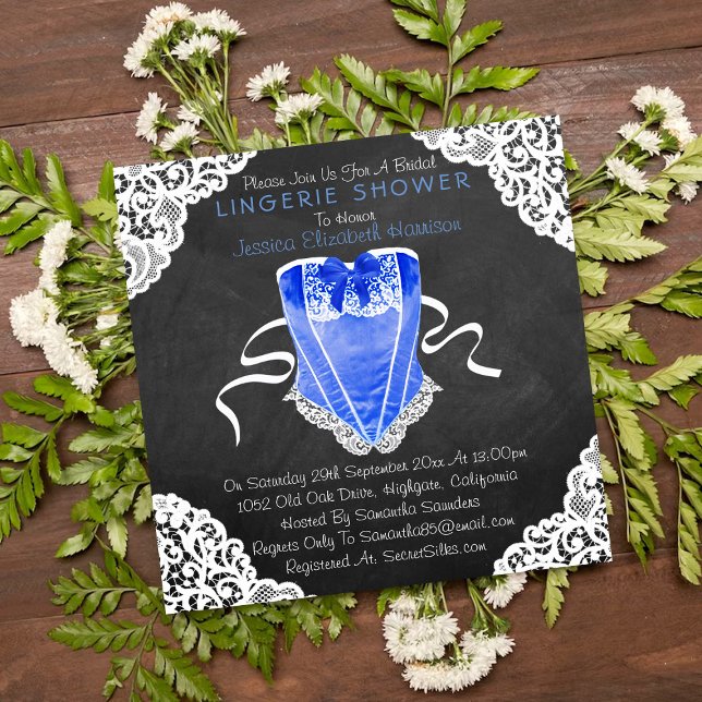 Blue Corset White Lace Chalkboard Lingerie Shower Invitation (Creator Uploaded)