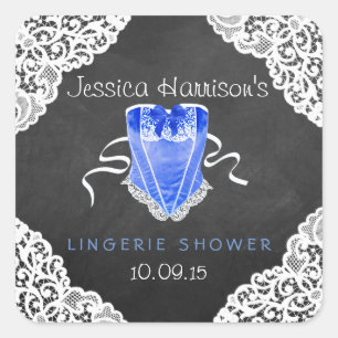 Blue Corset White Lace Chalkboard Lingerie Shower Square Sticker