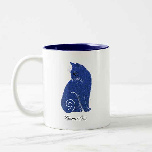 Blue Cosmic Cat Two-Tone Coffee Mug (Left)