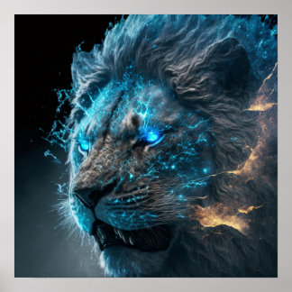 Blue Cosmic Glow Fire Lion Poster
