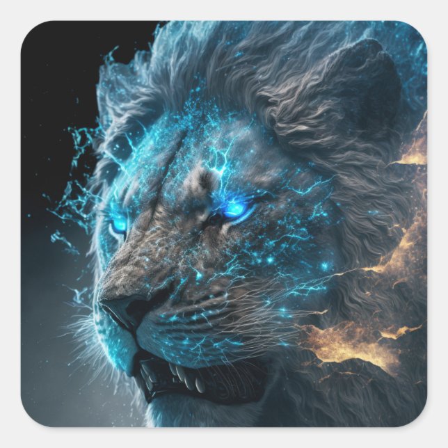 Blue Cosmic Glow Fire Lion Square Sticker (Front)